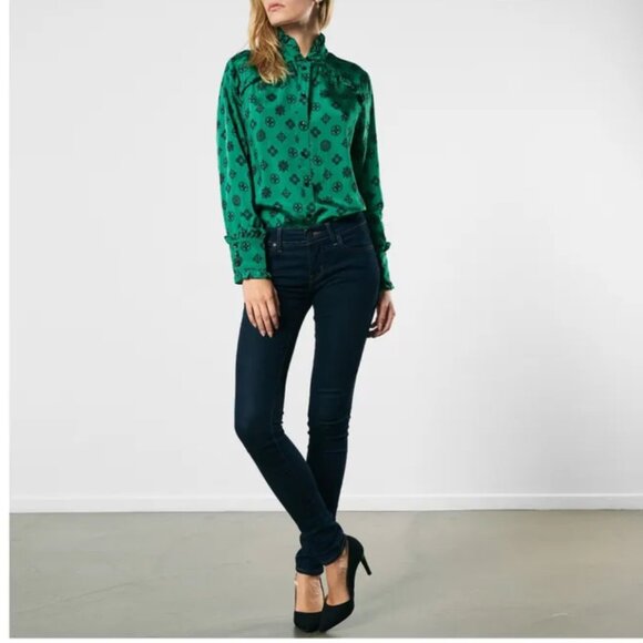 Suzie Winkle Katie Button Down Shirt Top Blouse Womens 36 Small Green Black - Picture 14 of 15